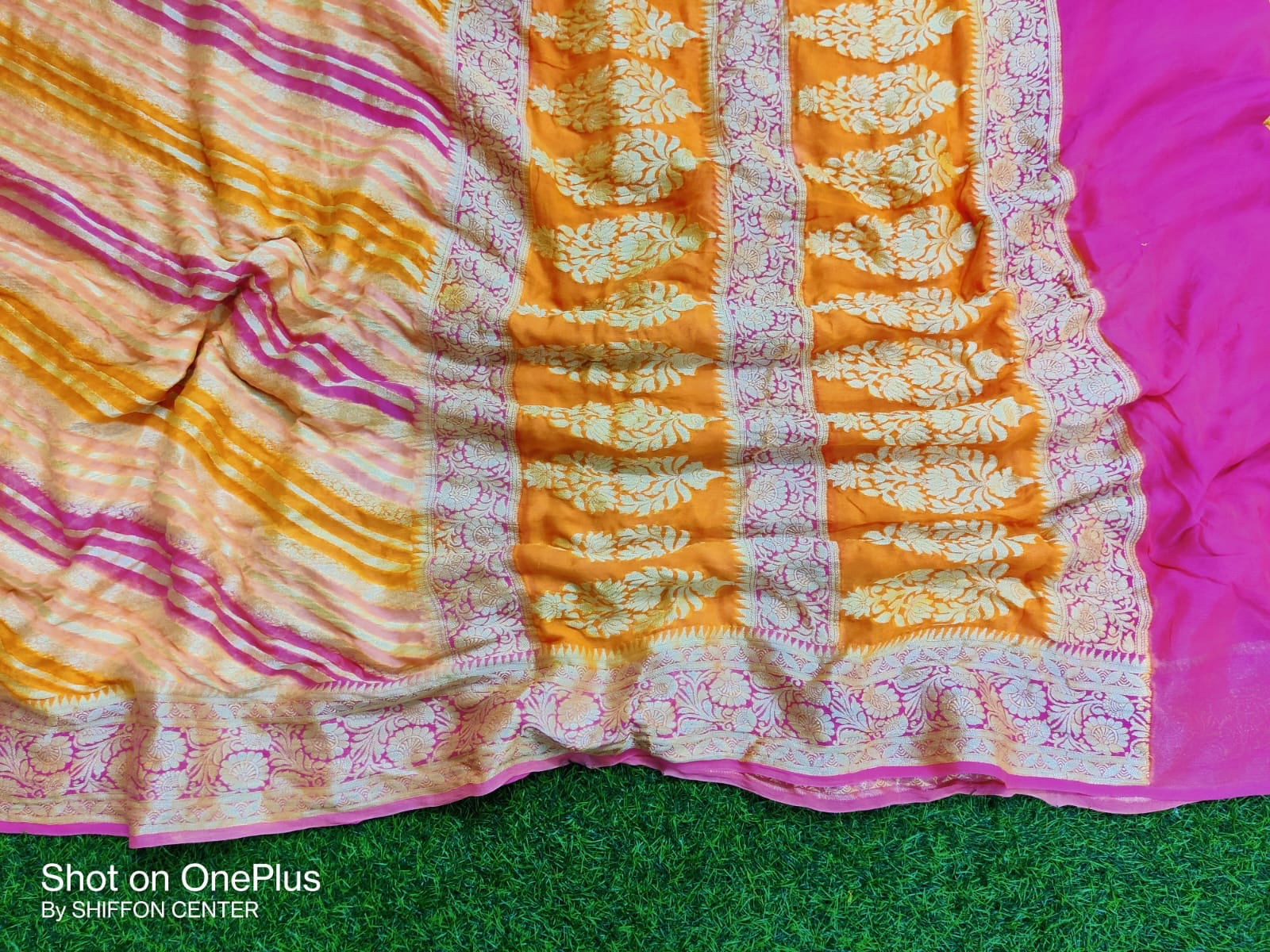 Pink-Orange Banarasi Chiffon Saree with minakari