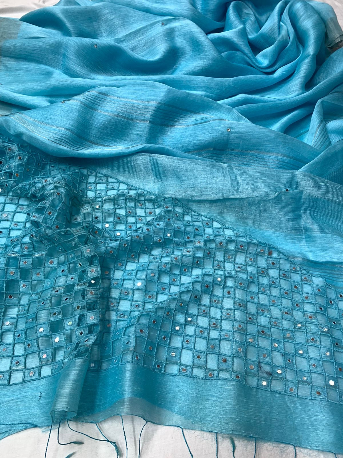 Sky blue Colour Silk Linen Cutwork Saree