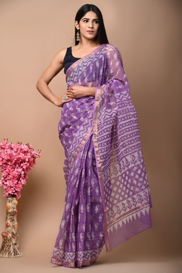 Purple Block Print Kota Doria Saree