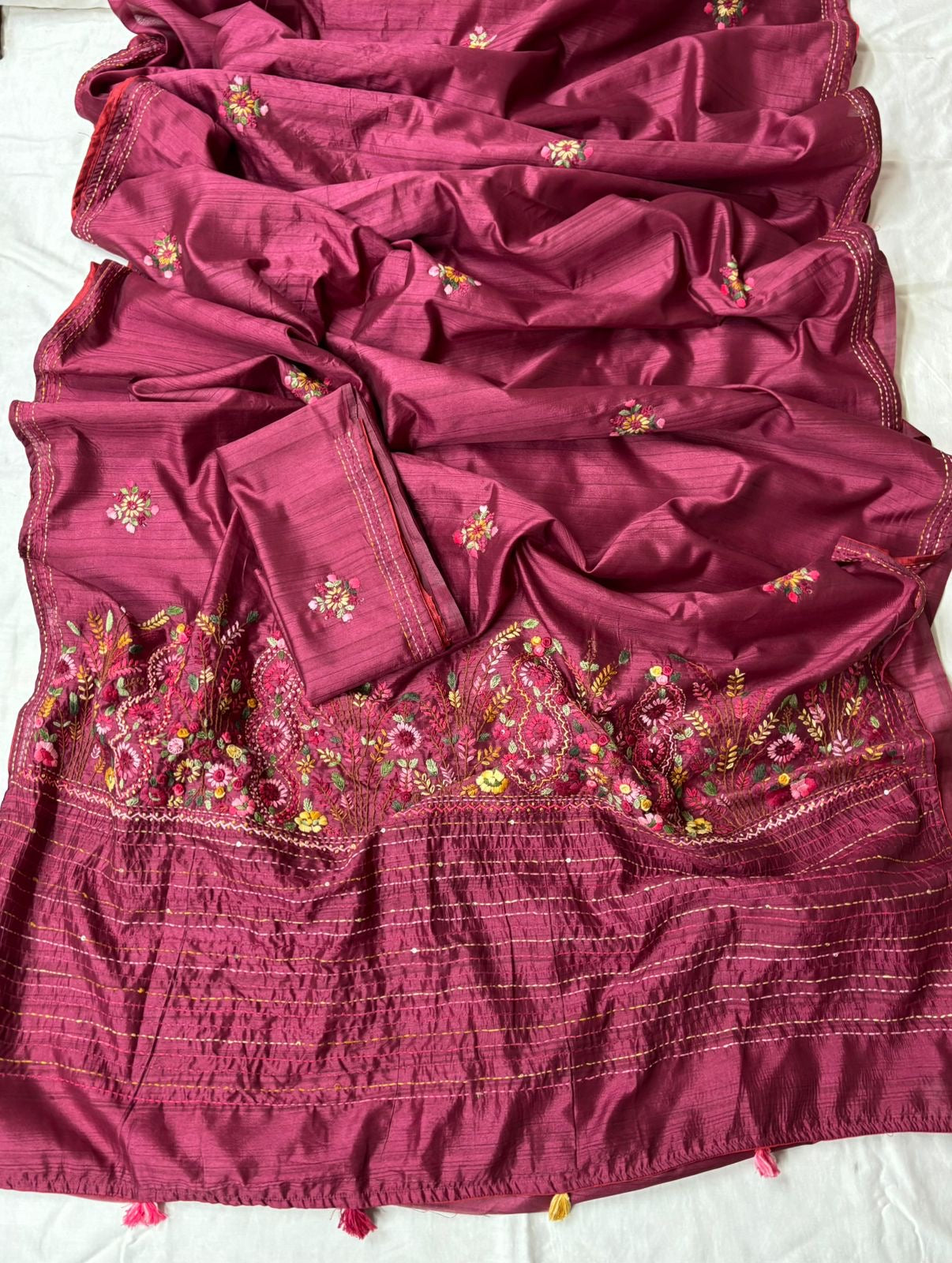 Pink Soft Silk hand embroidered Saree