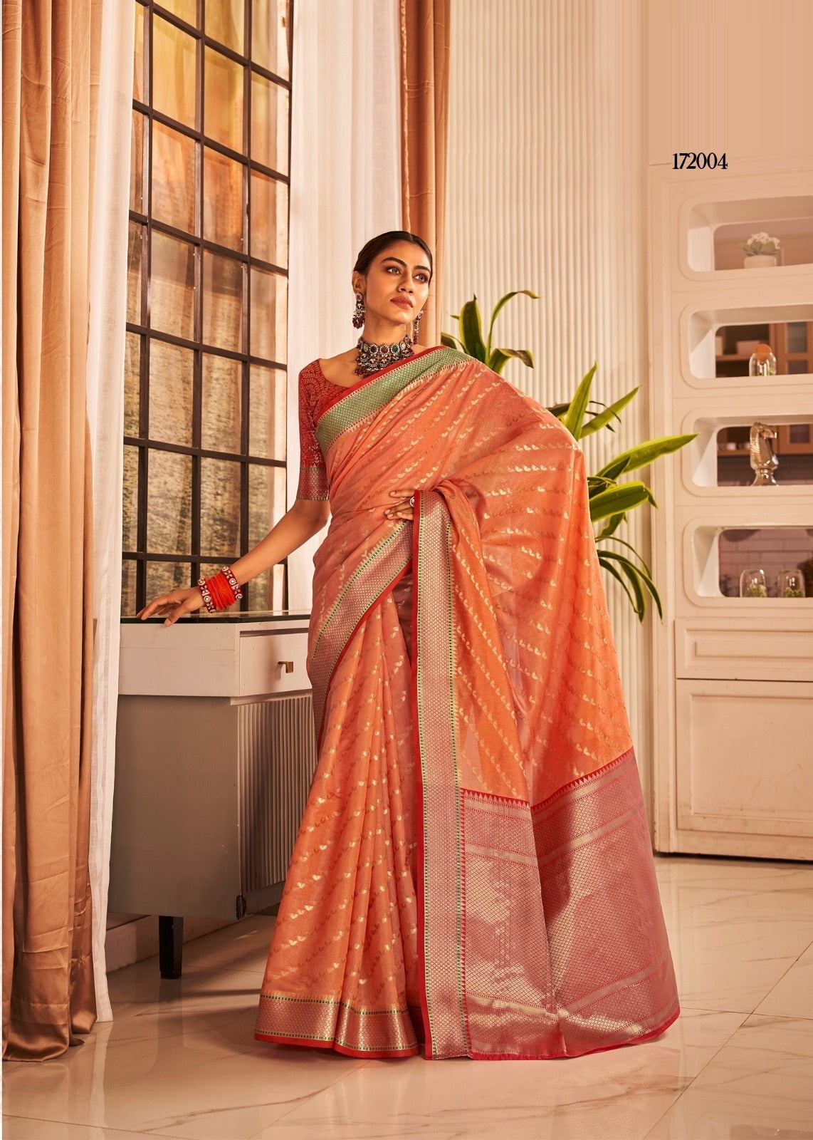Orange Banarasi designer silk saree