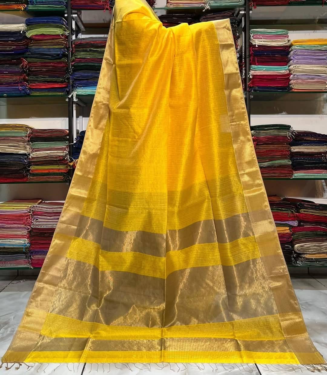 Yellow Handloom Zari Check Saree