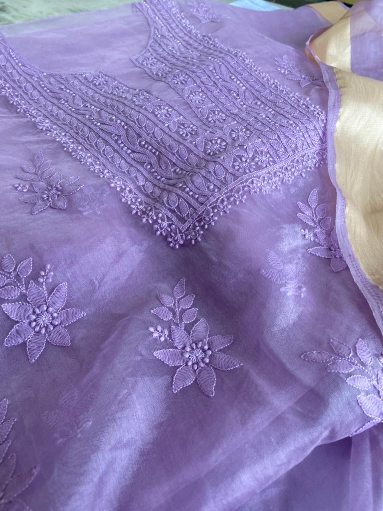 Lavender Purple Chikan work Organza Salwar Suit fabric