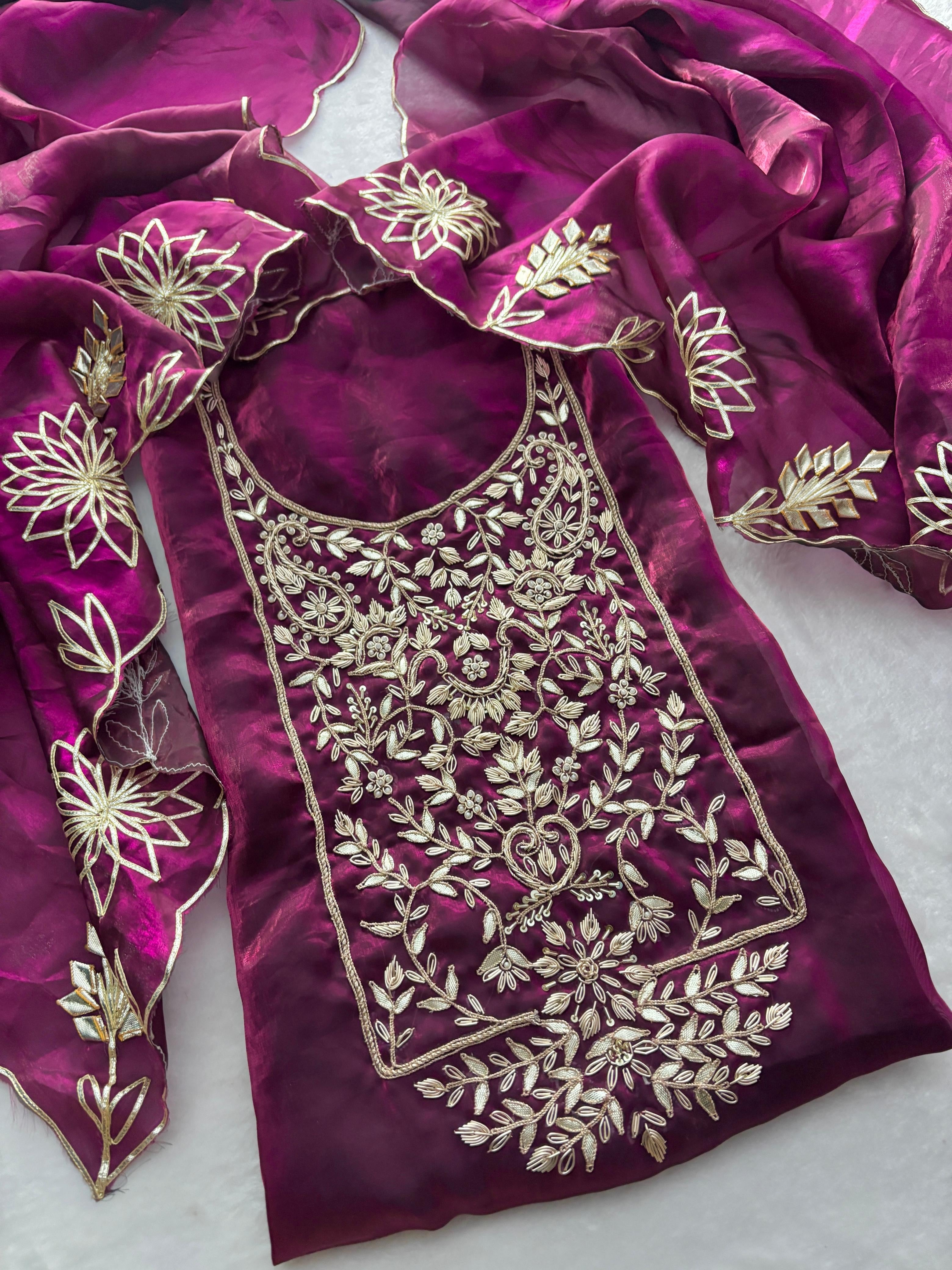 Wine Color Soft Silk Designer Gota Patti Suit