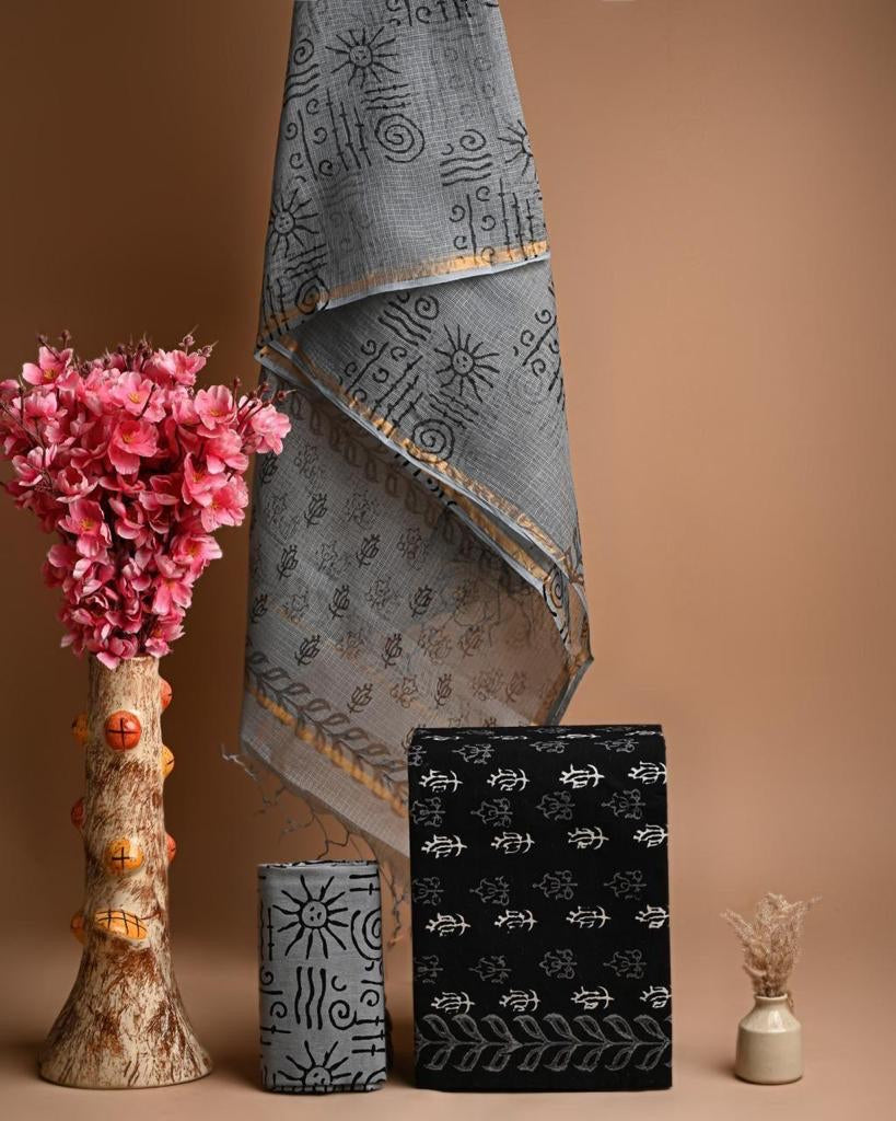 TunTun- Gray and Black Cotton Salwar Suit ( Unstitched)