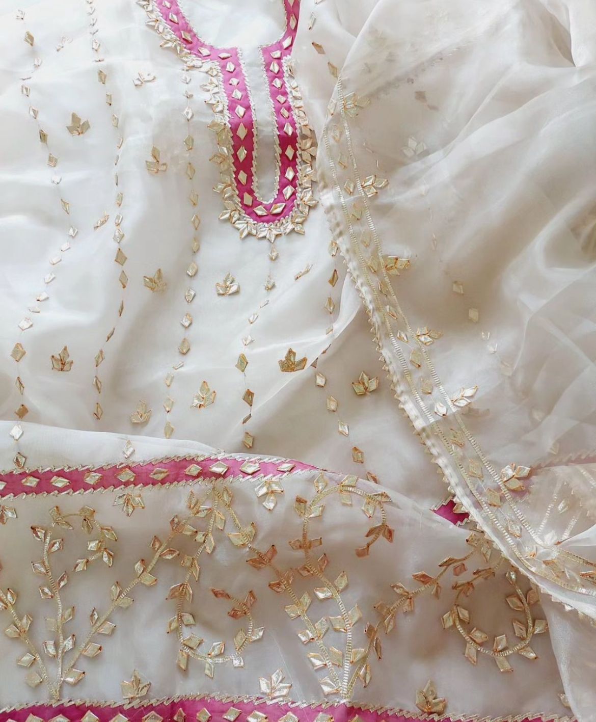 Off White Hand Gota Patti Organza Suit