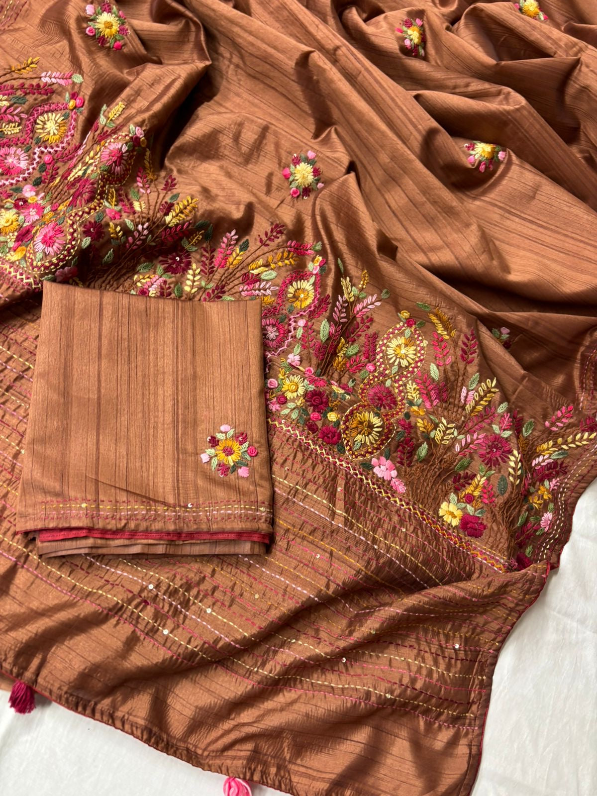 Light Brown Soft Silk hand embroidered Saree