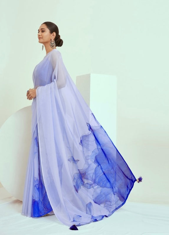 Floral Print Saree In ink blue