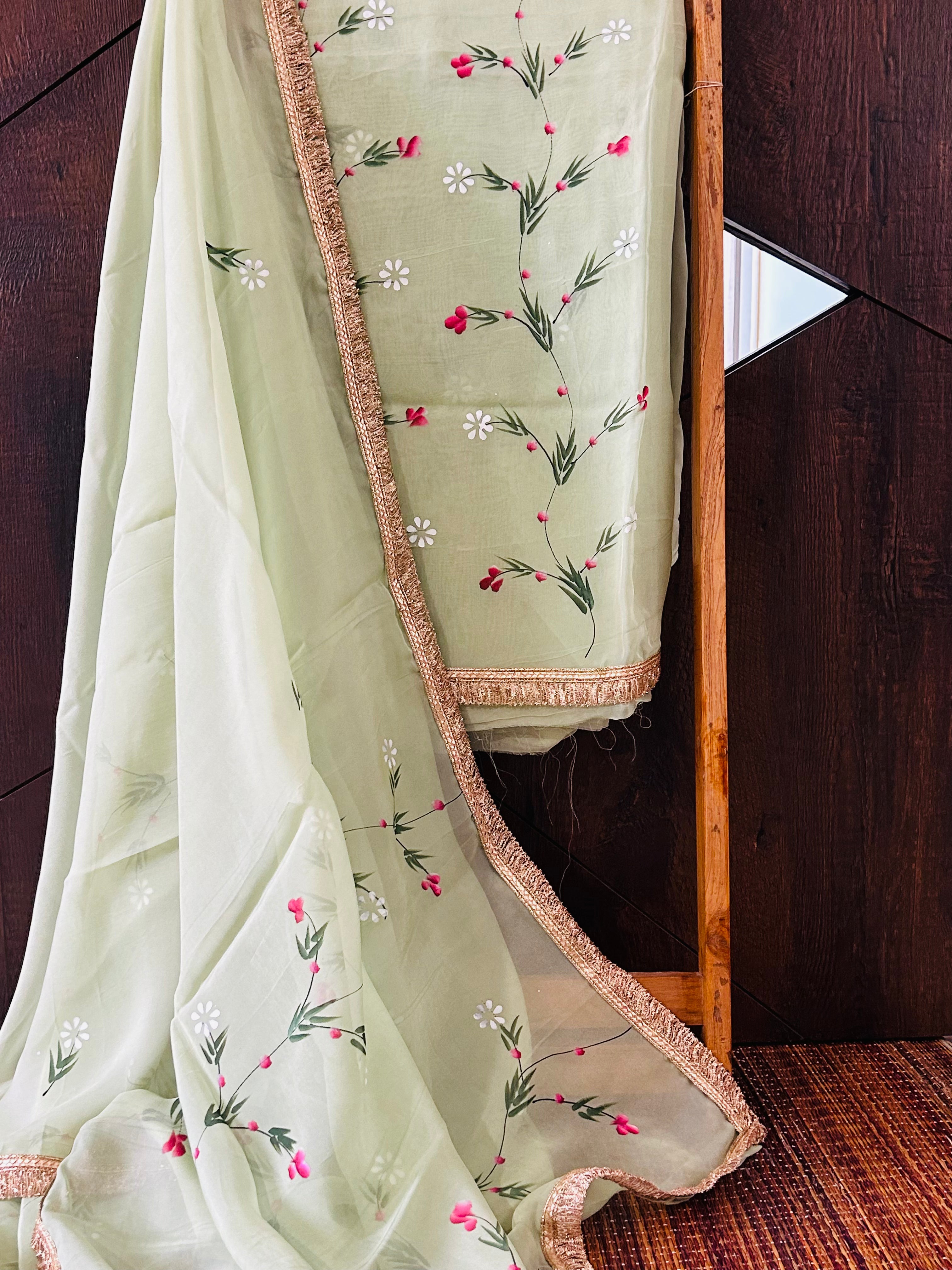 Green Organza Handpainted Salwar Suit