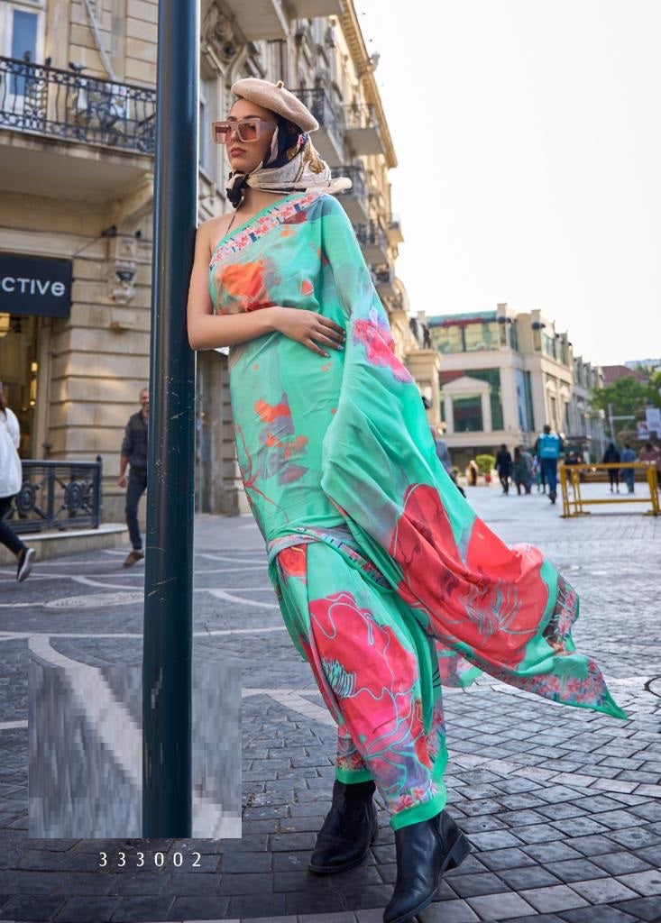 Silk Crepe Digital Print Green Saree