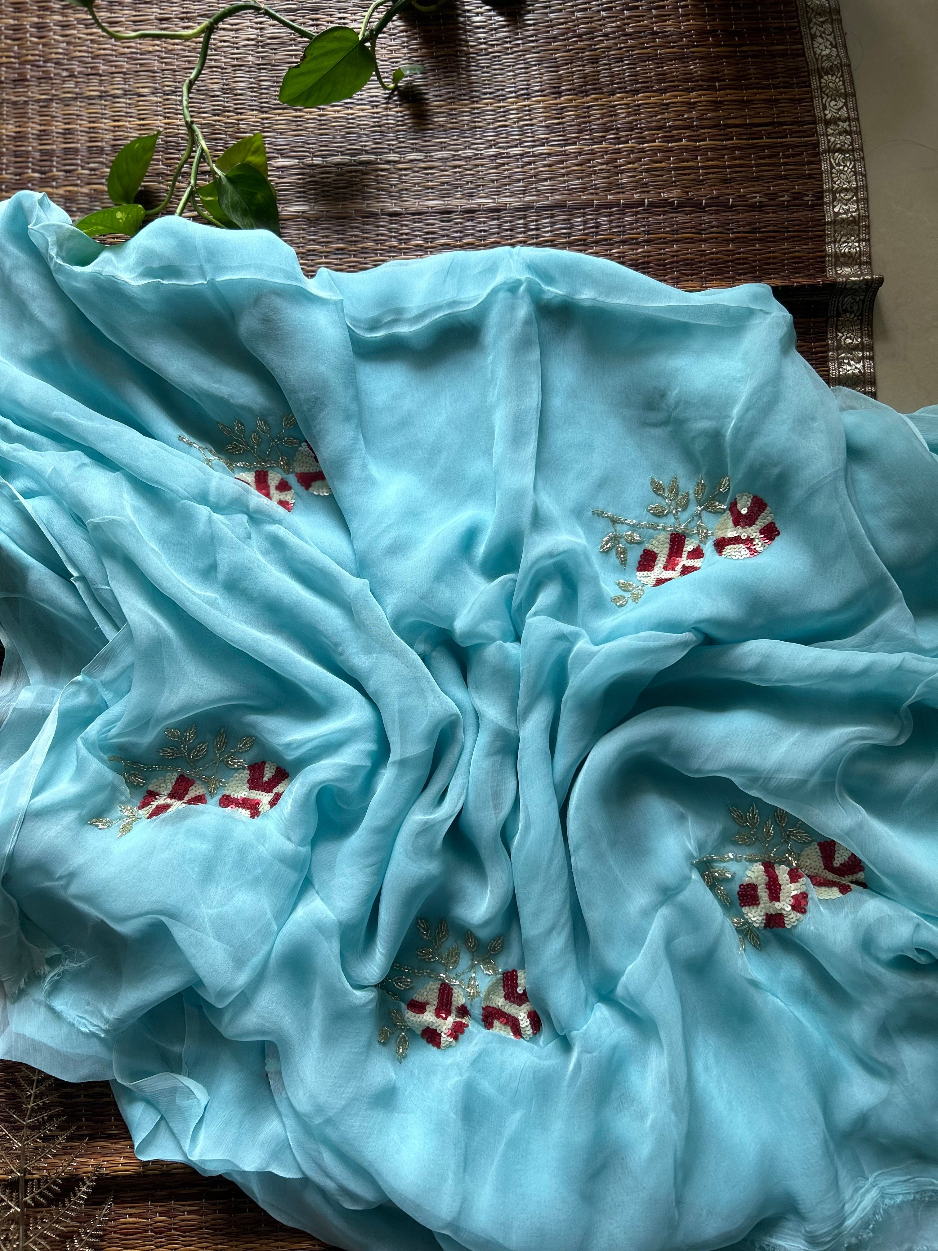 Soft Blue Rajputi Chiffon Saree