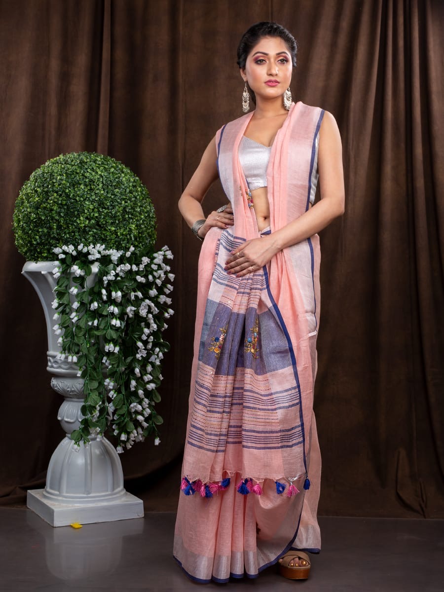 Linen Embroidred Saree In Peach