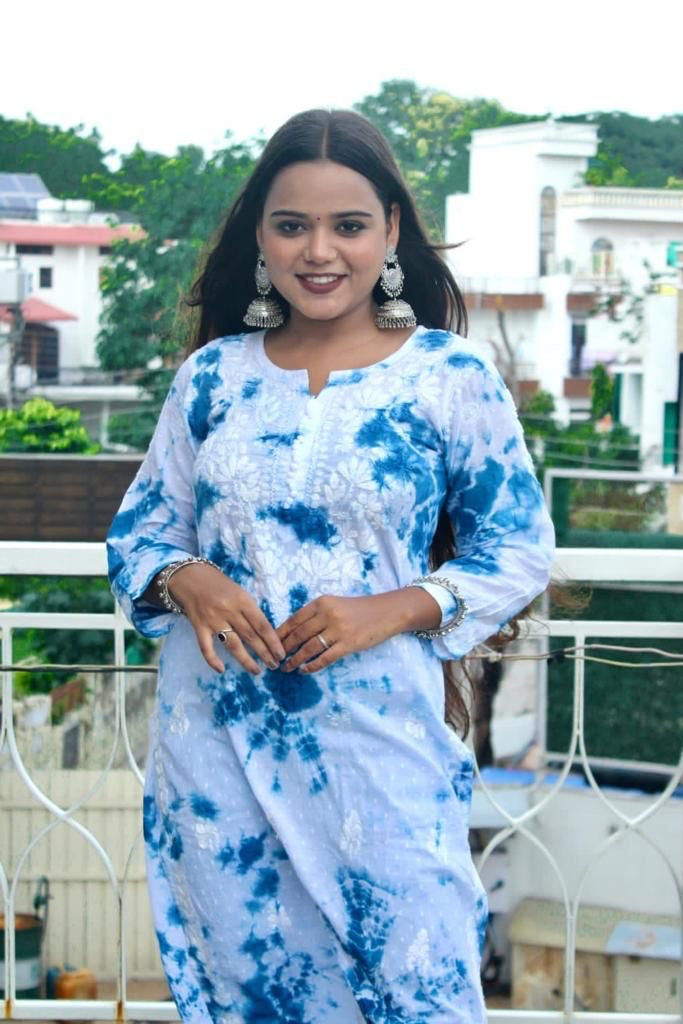 Chikankari cotton Kurti With Pant in white & blue