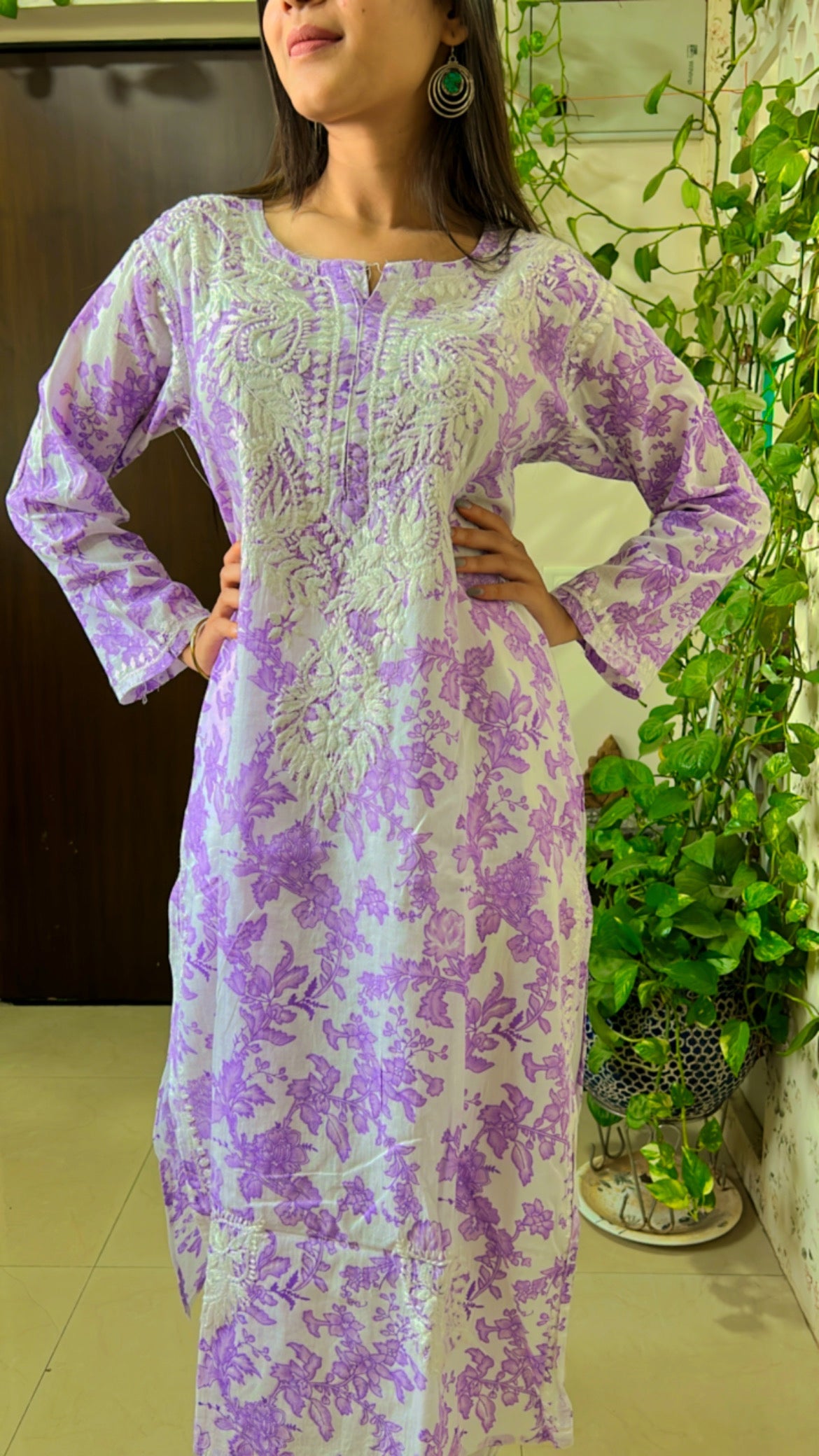 Mul mul cotton floral chikankari kurti and afghani set in purple