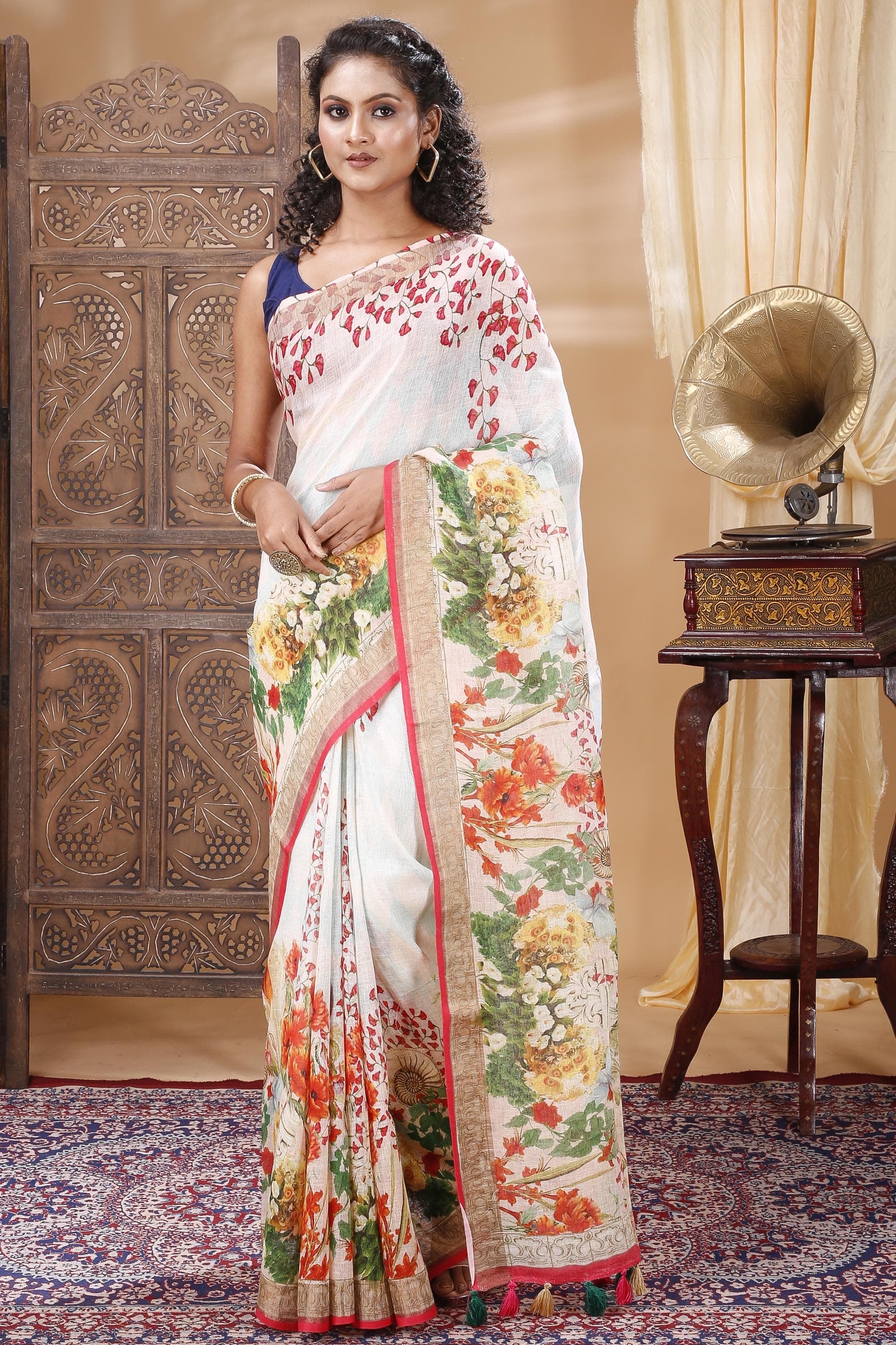 Gorgeous Floral Linen Saree Premium