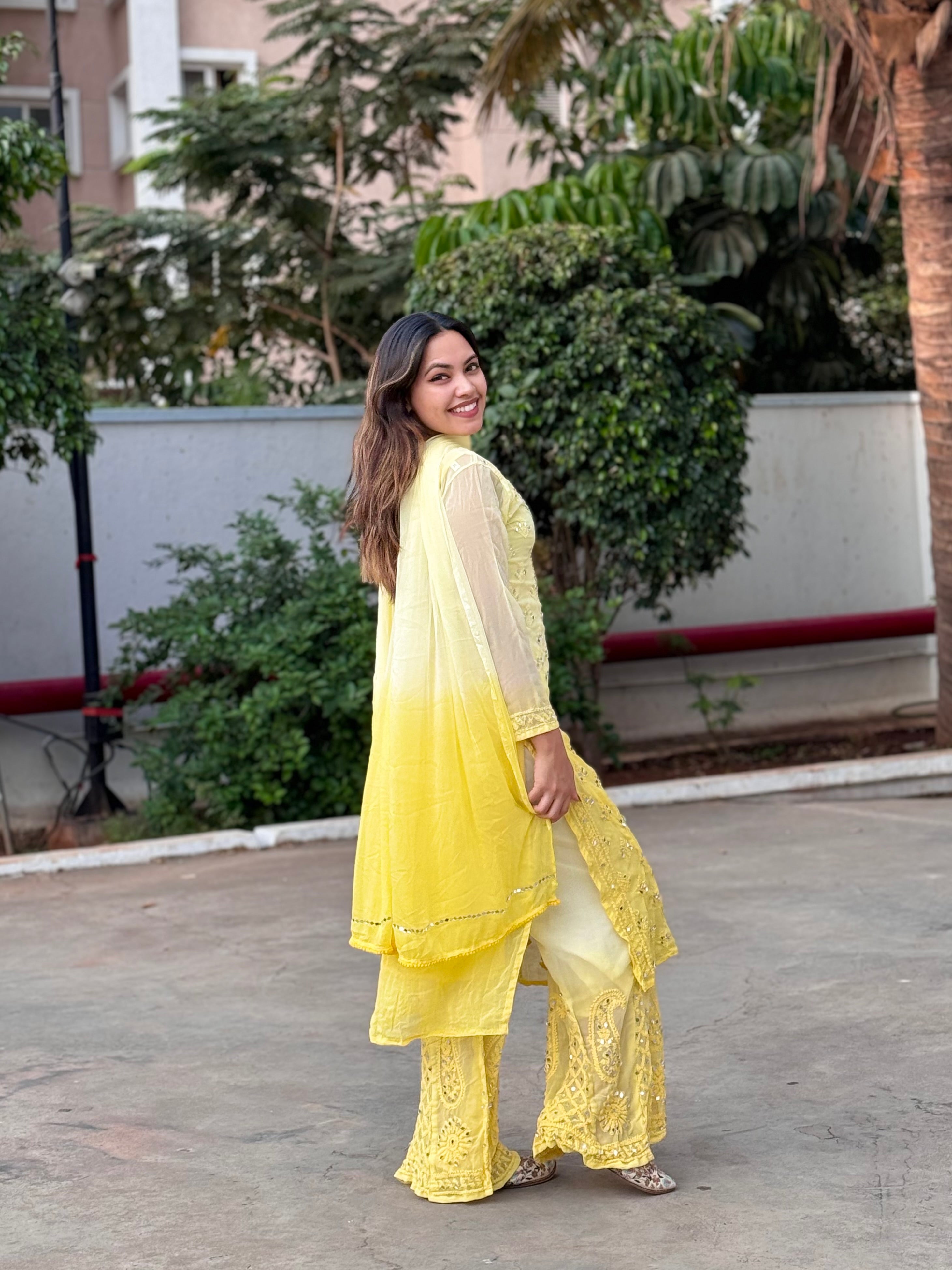 Yellow Ombre Mirror Work Chikankari Sharara Set(Celebrity Inspired)