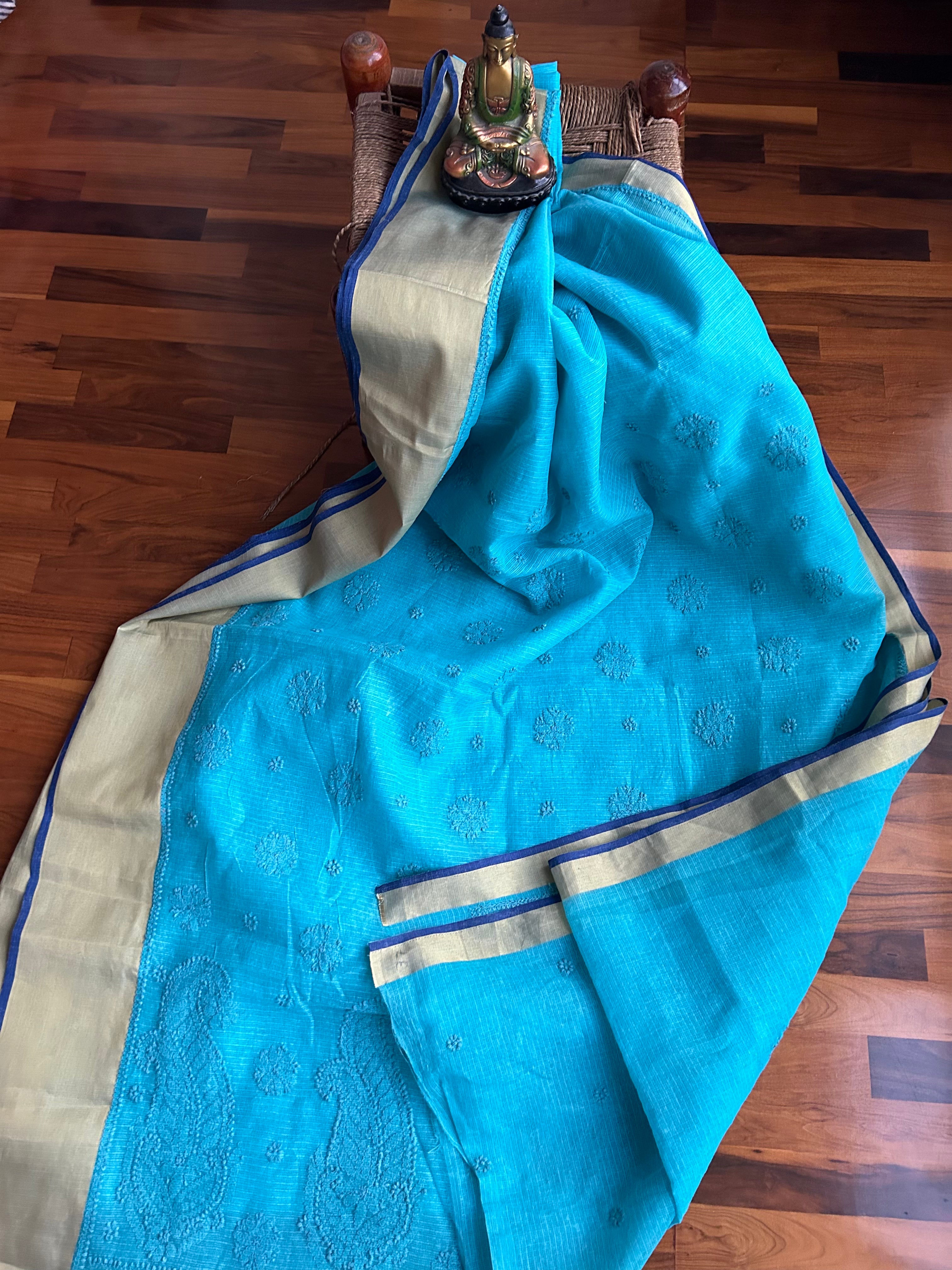 Kumkum- New Kota Doria Chikankari Work Saree In Blue