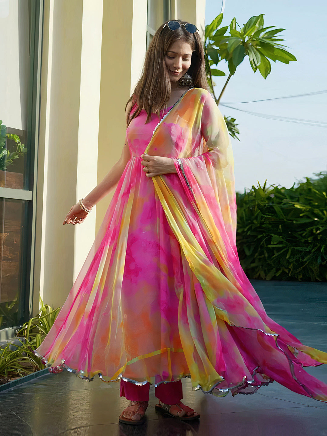 Colorful Floral organza anarkali gown