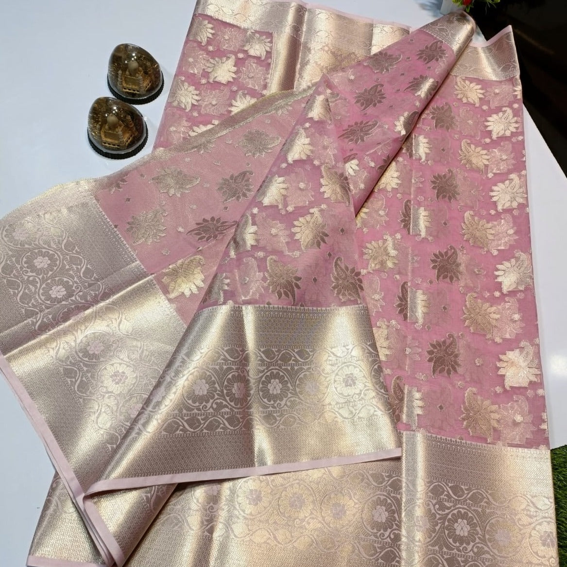 Pink Banarasi Semi Kora Organza Saree