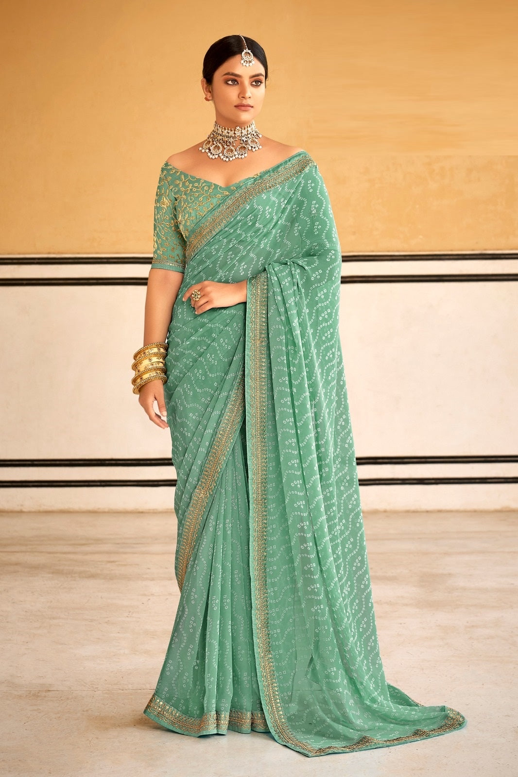 Bandhani print Georgette saree in green