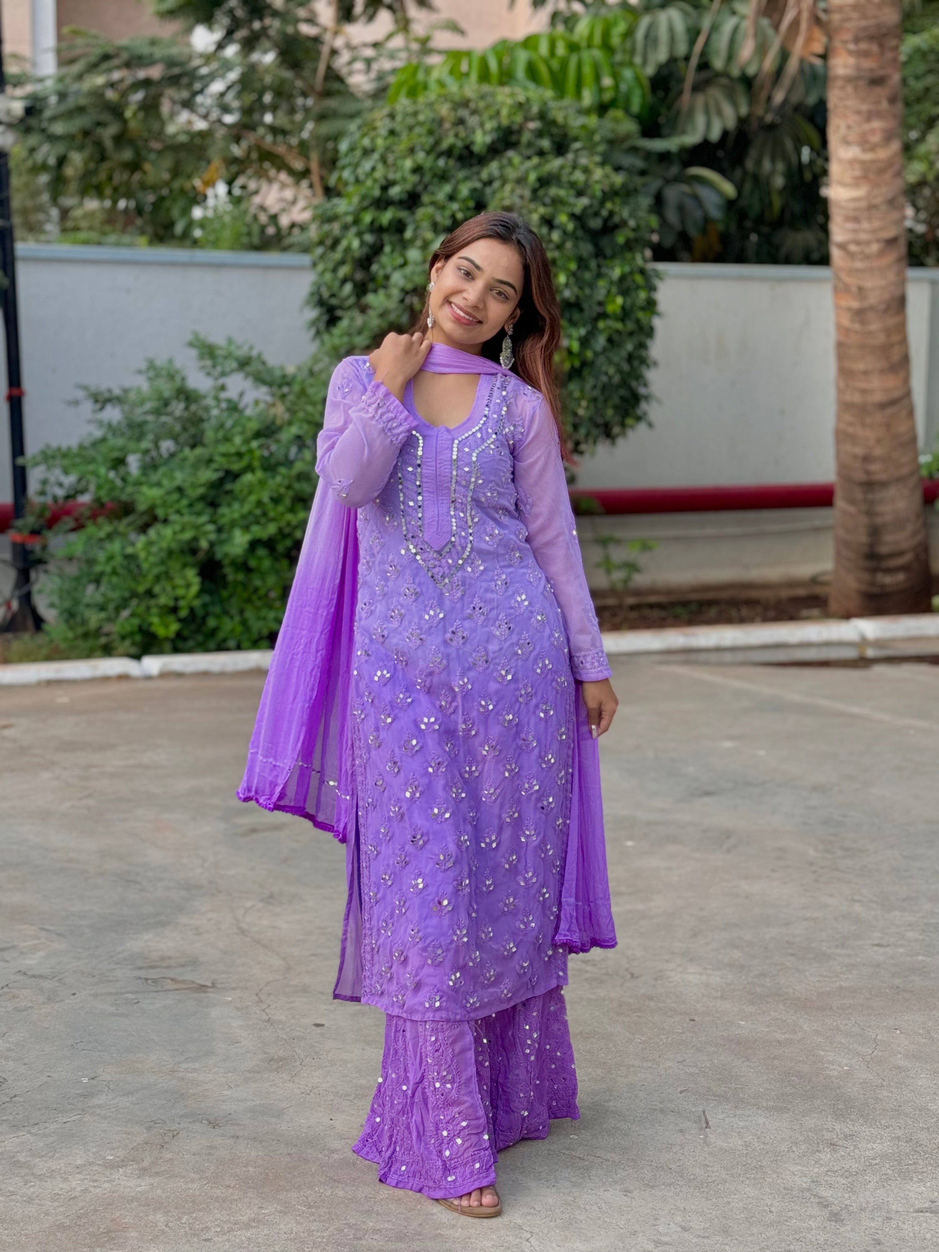 Purple Ombre Panel Mirror Work Chikankari Sharara Set