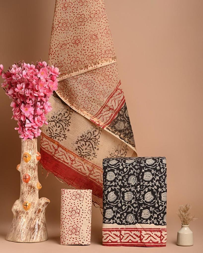 Black and Res Cotton Salwar Suit ( Unstitched)