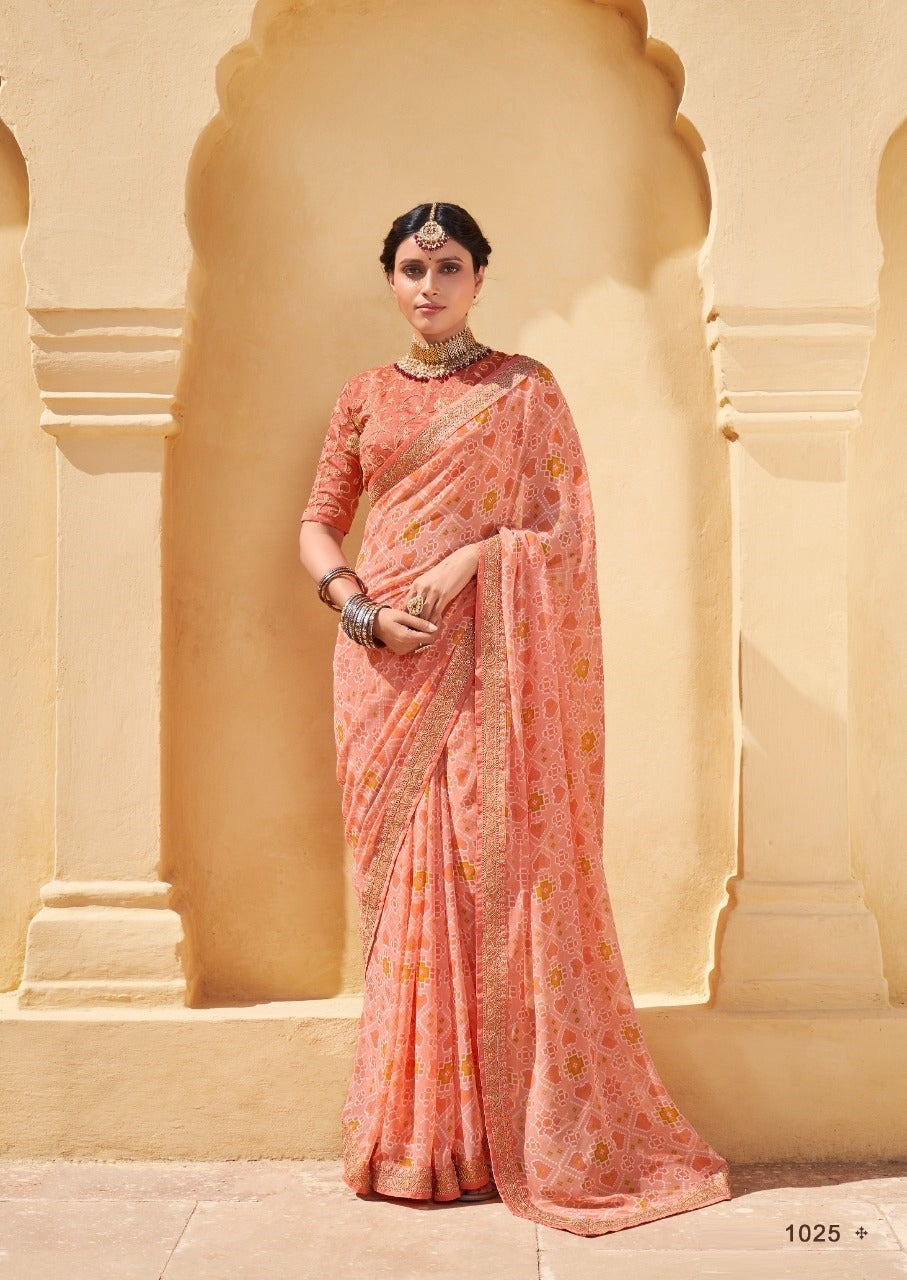Bandhani print Georgette saree in peach