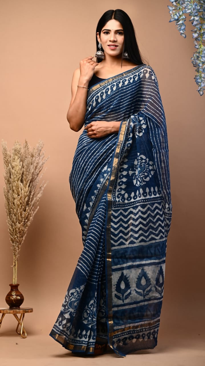 Blue Block Print Kota Doria Saree