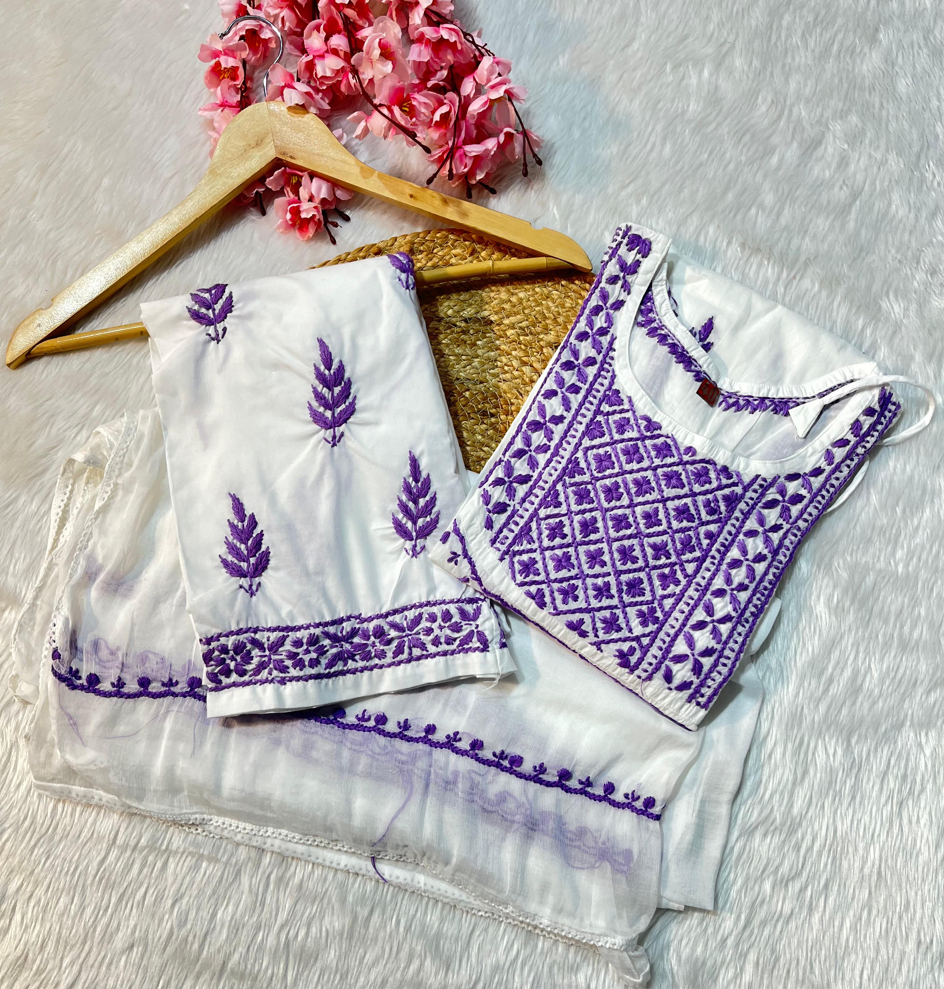 Sahiba White Lucknowi Chikankari cotton Kurti With Pant and Dupatta