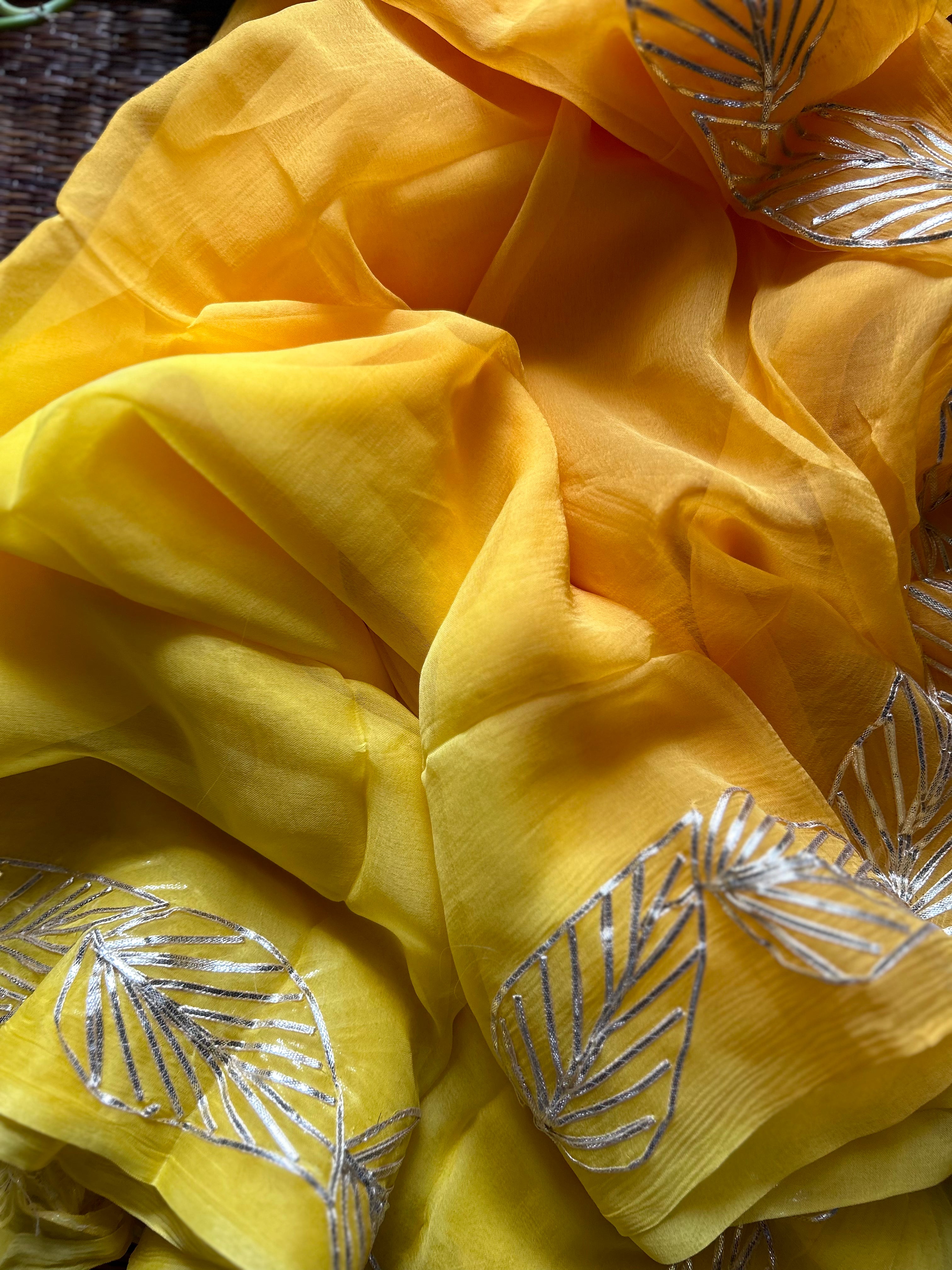 Yellow Orange Pure Chiffon Saree In Gota Patti