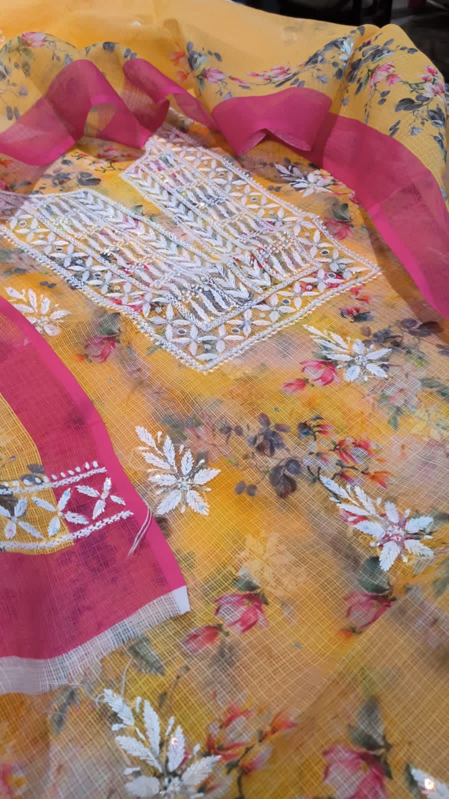 Yellow-Pink Chinkari Kota Cotton Salwar Suit unstitched