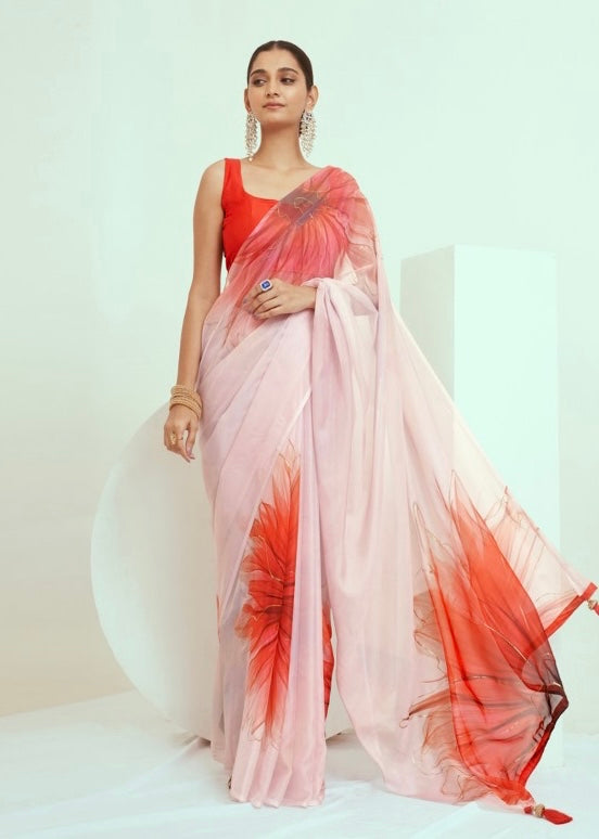 Floral Print Saree In pink orange