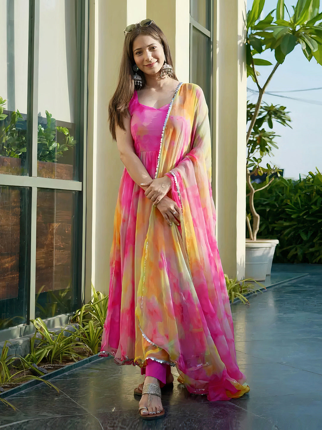 Colorful Floral organza anarkali gown