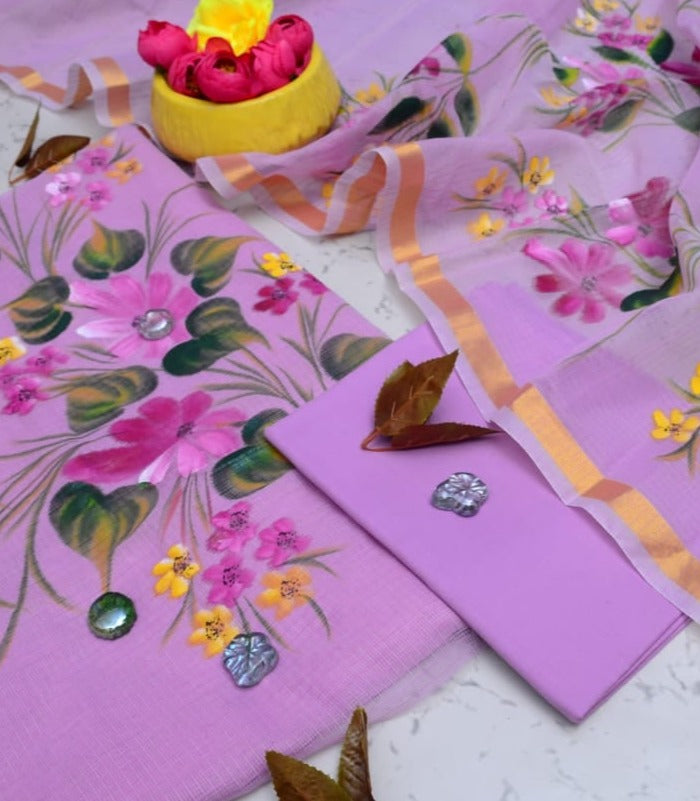 Purple Hand Painted Cotton Kota Doria Suit With Dupatta