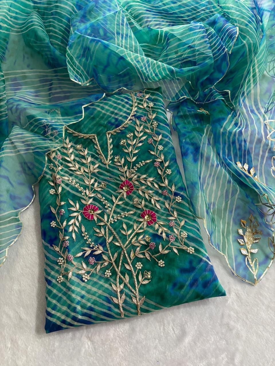 Blue Green Leheriya Gota Patti Organza Suit