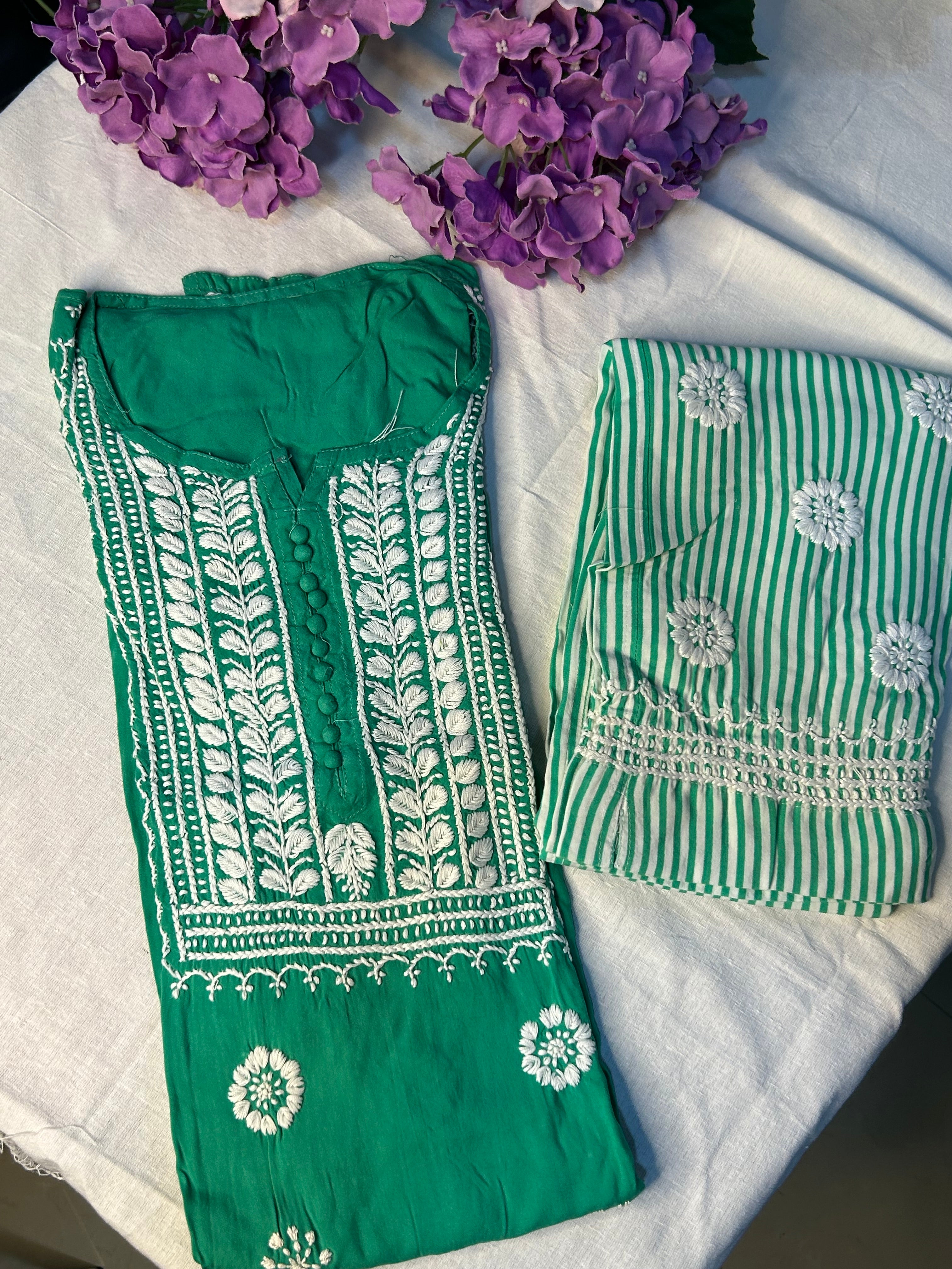 Green Chikankari Kurti In Rayon With Cotton Stripes Pant