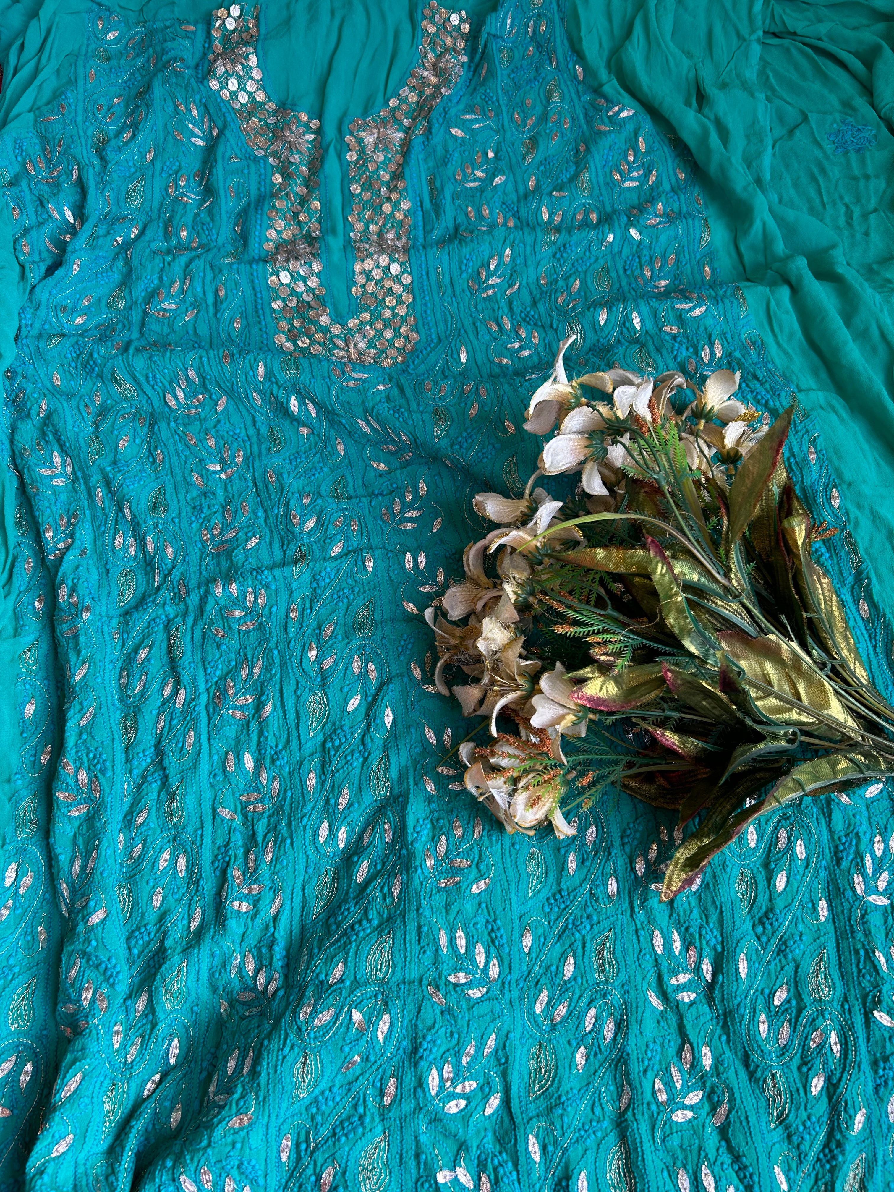 Teal Green Lucknowi Gota work Unstitched salwar suit set