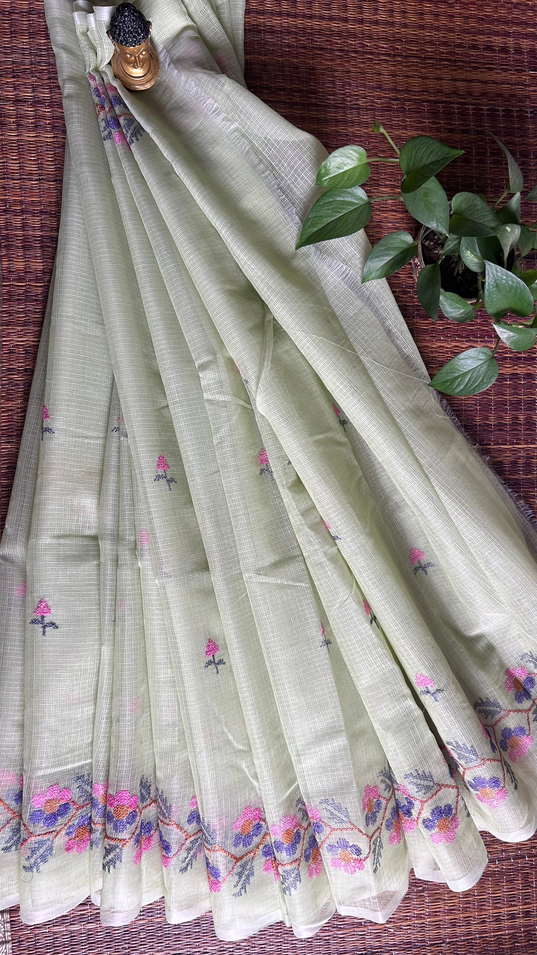 Chitralekha- Cross Stitch Kota Doria Embroidery Work Saree In Pista Green