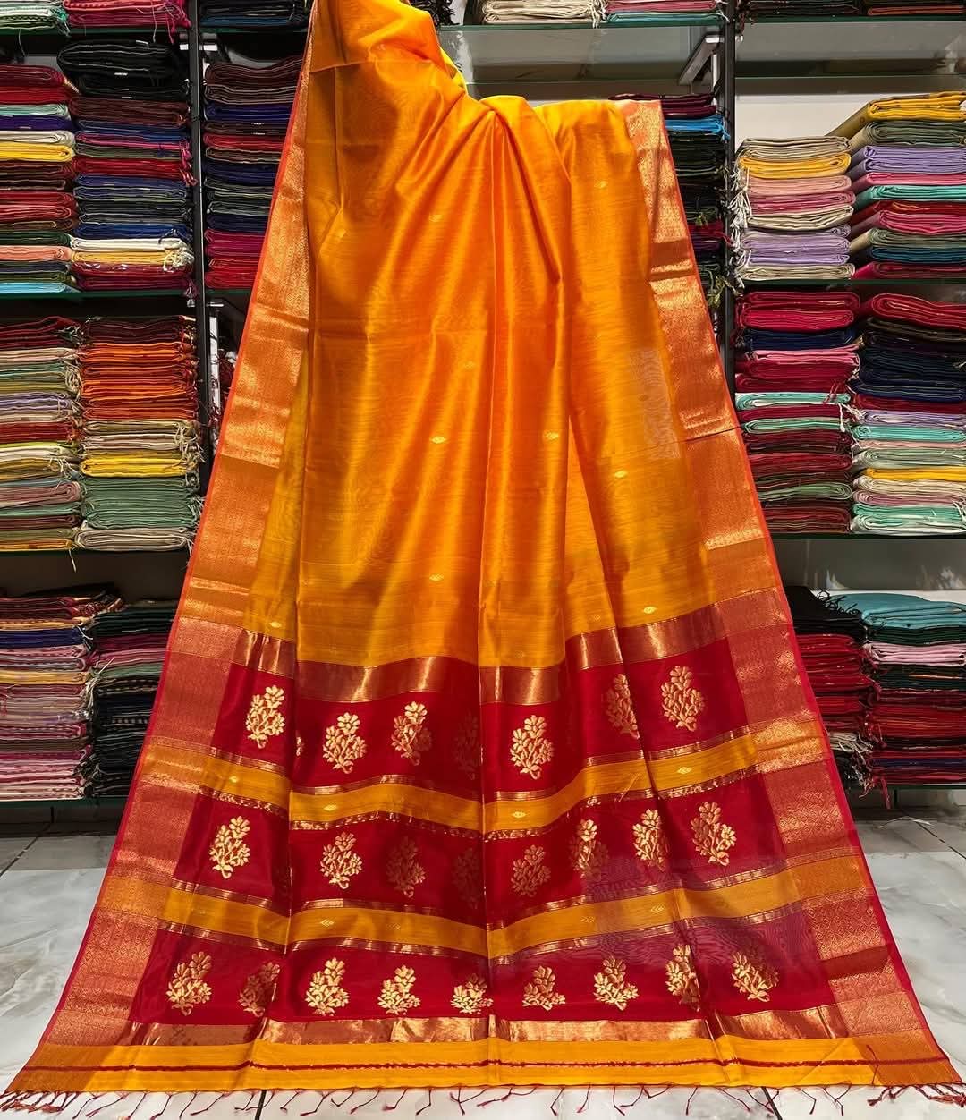 Yellow Maheshwari silk Handloom Zari Saree