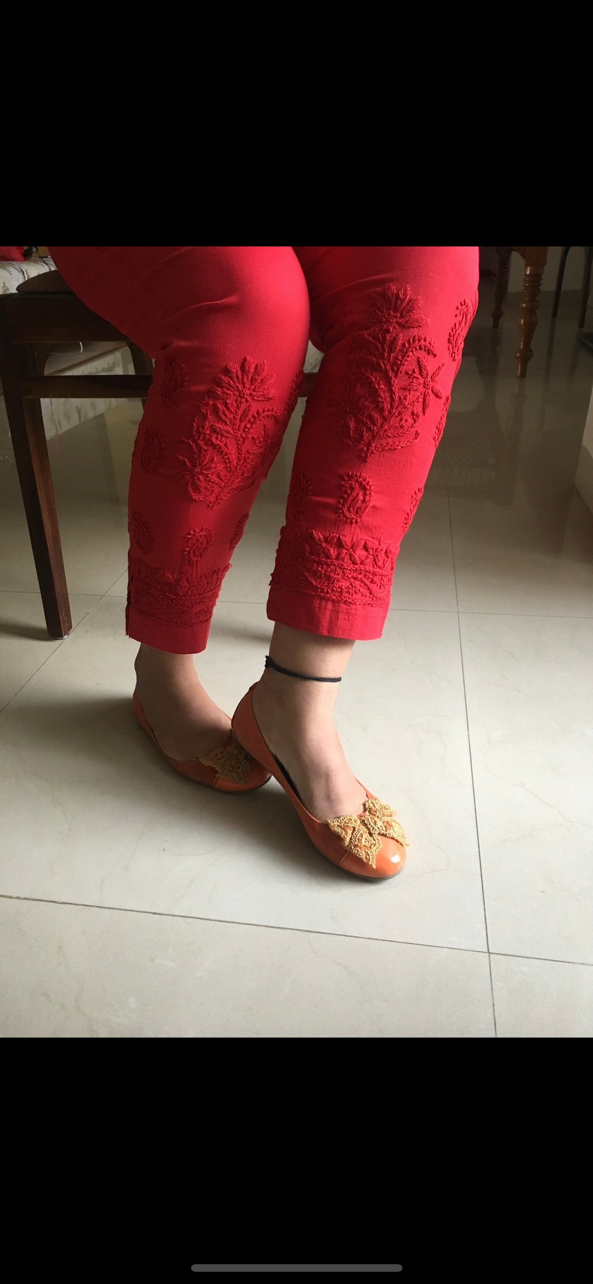Lucknowi embroidery on red straight pant