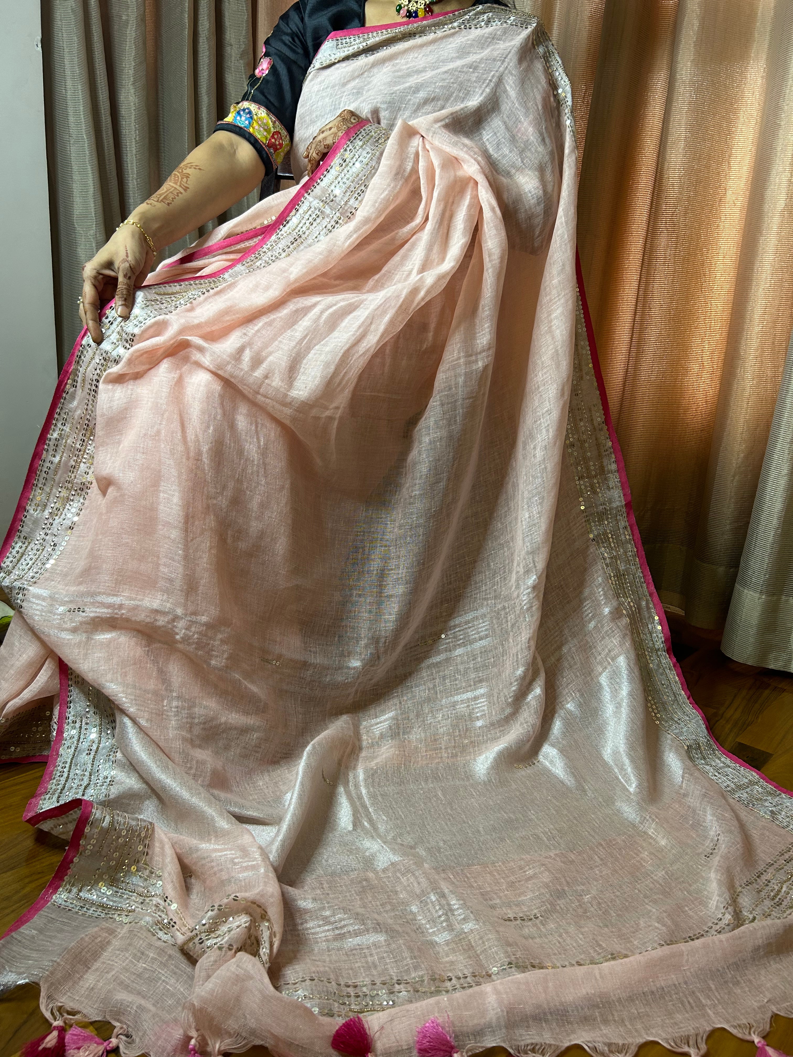 Pink Linen Embroidred Saree