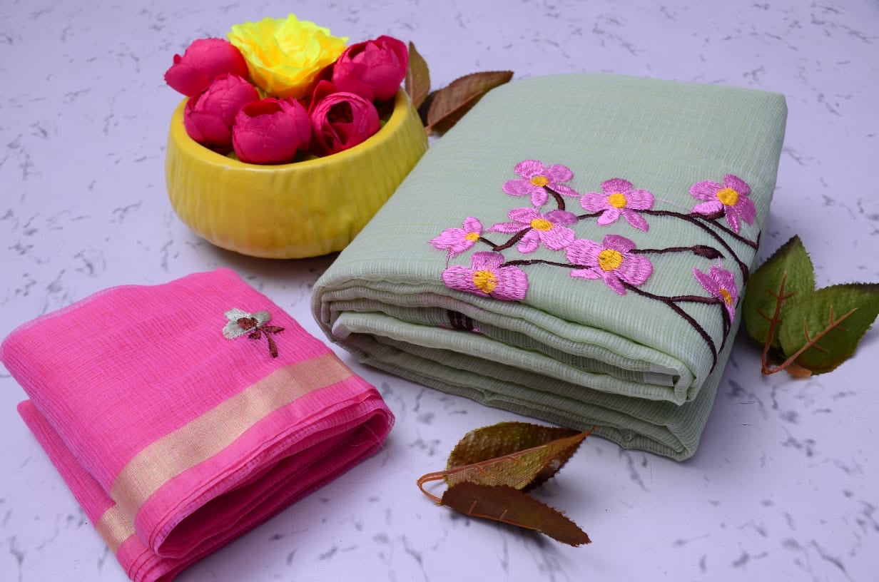 Green Kota Doria Embroidery Work Sari (Copy)