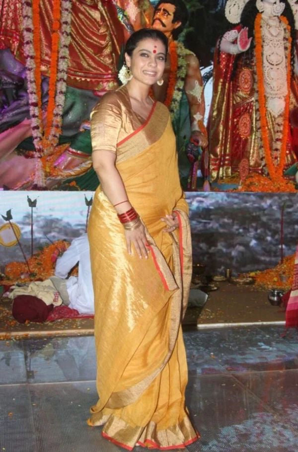 Yellow Kajol Style linen saree