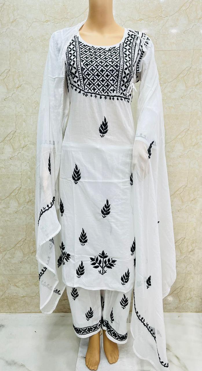 Sahiba Pretty White Lucknowi Chikankari cotton Kurti With Pant and Dupatta