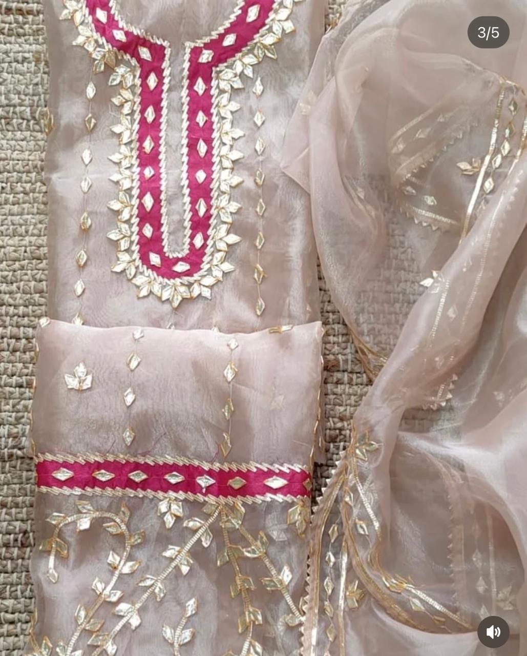 Beige Hand Gota Patti Organza Suit