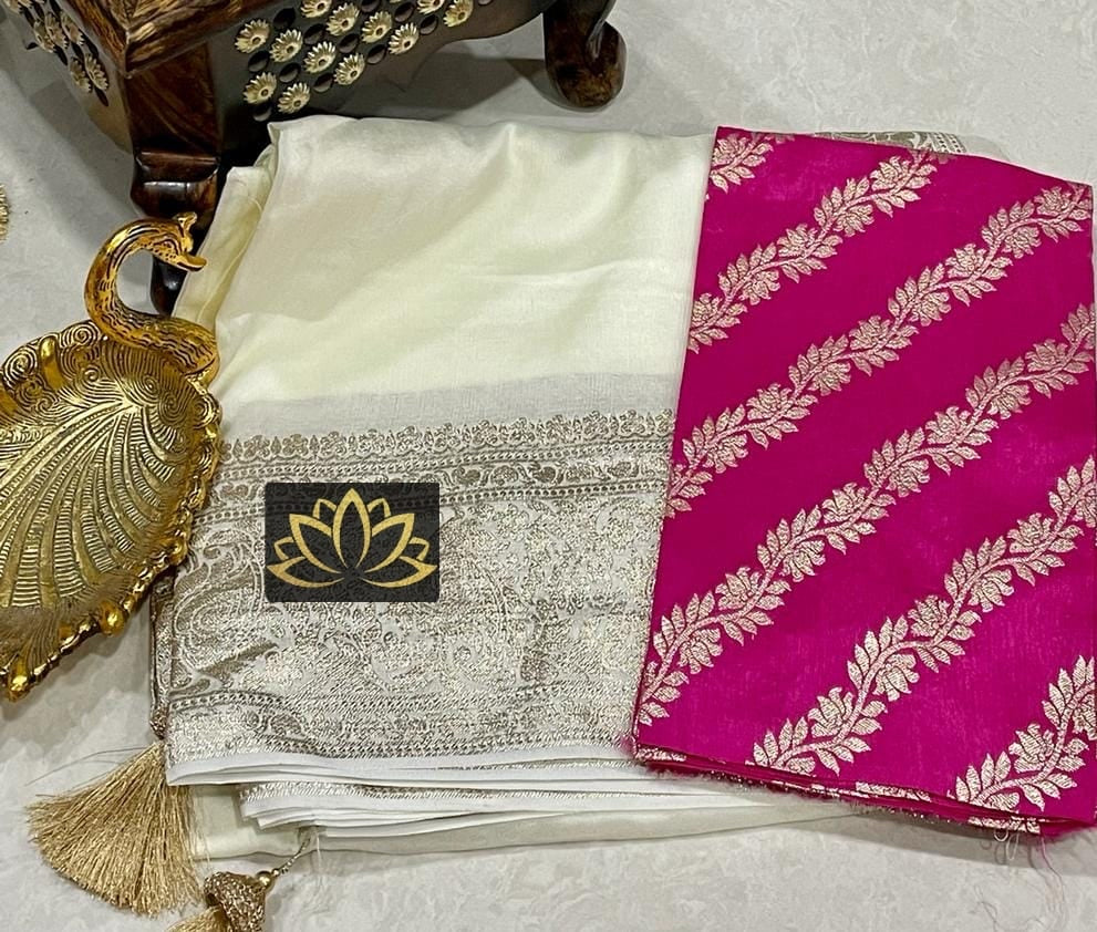 White Gold Banarasi Soft Silk Designer Saree