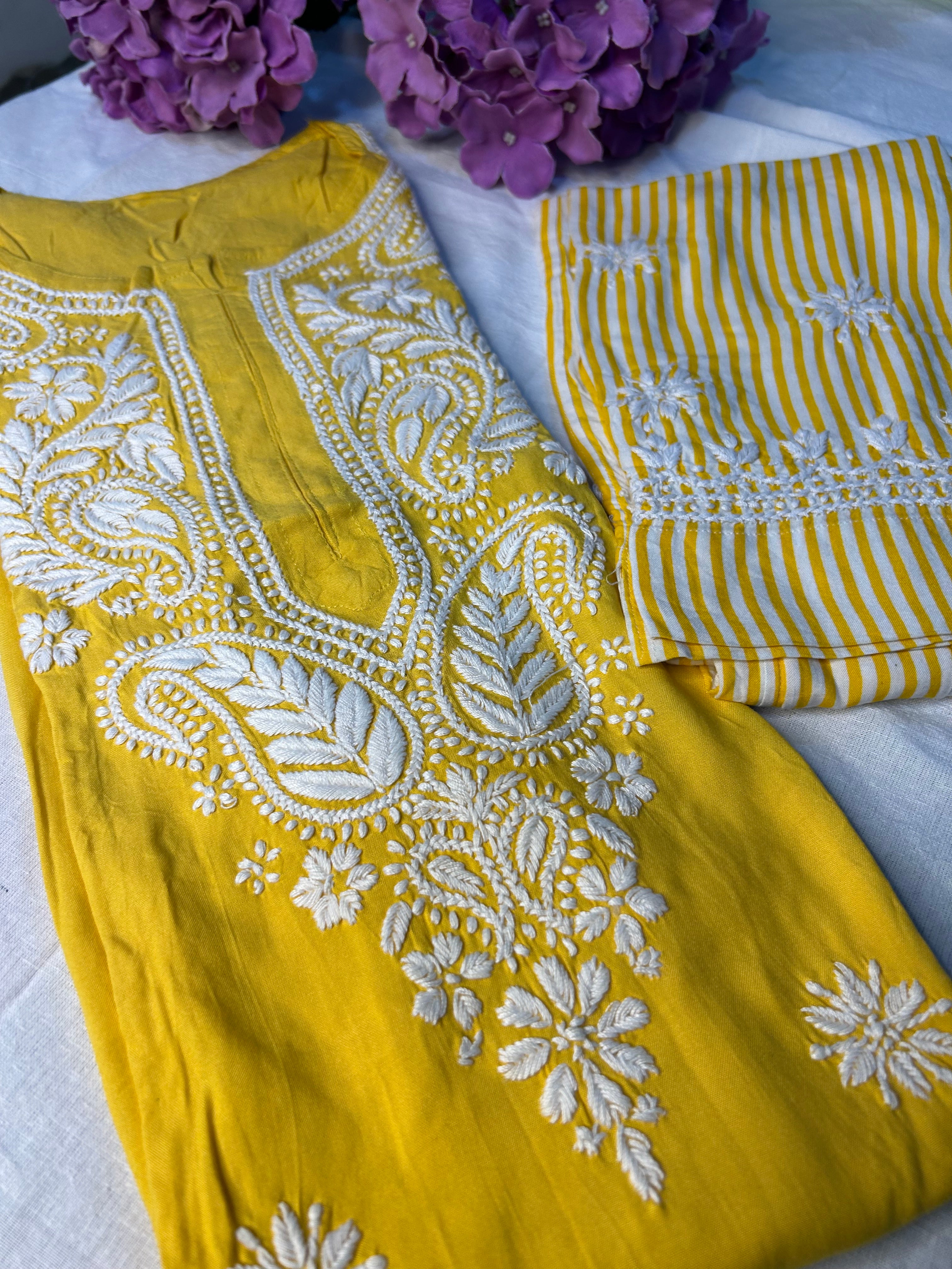 Yellow Chikankari Kurti In Rayon With Cotton Stripes Pant