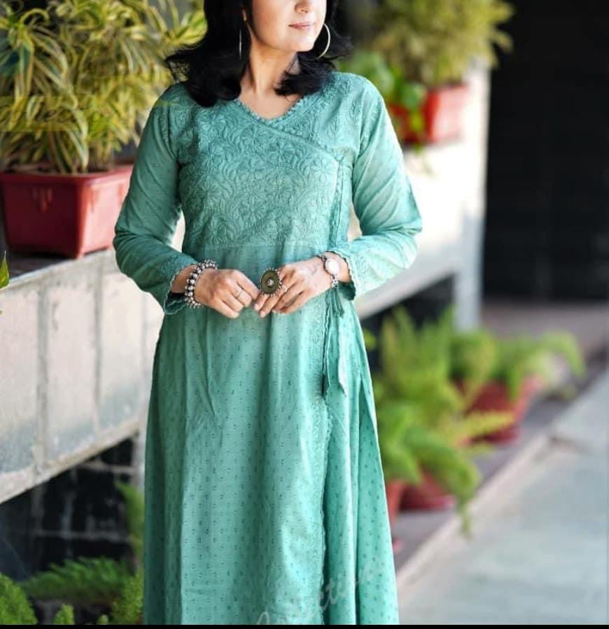Green Cotton Angrakha Kurti with Chikankari Work