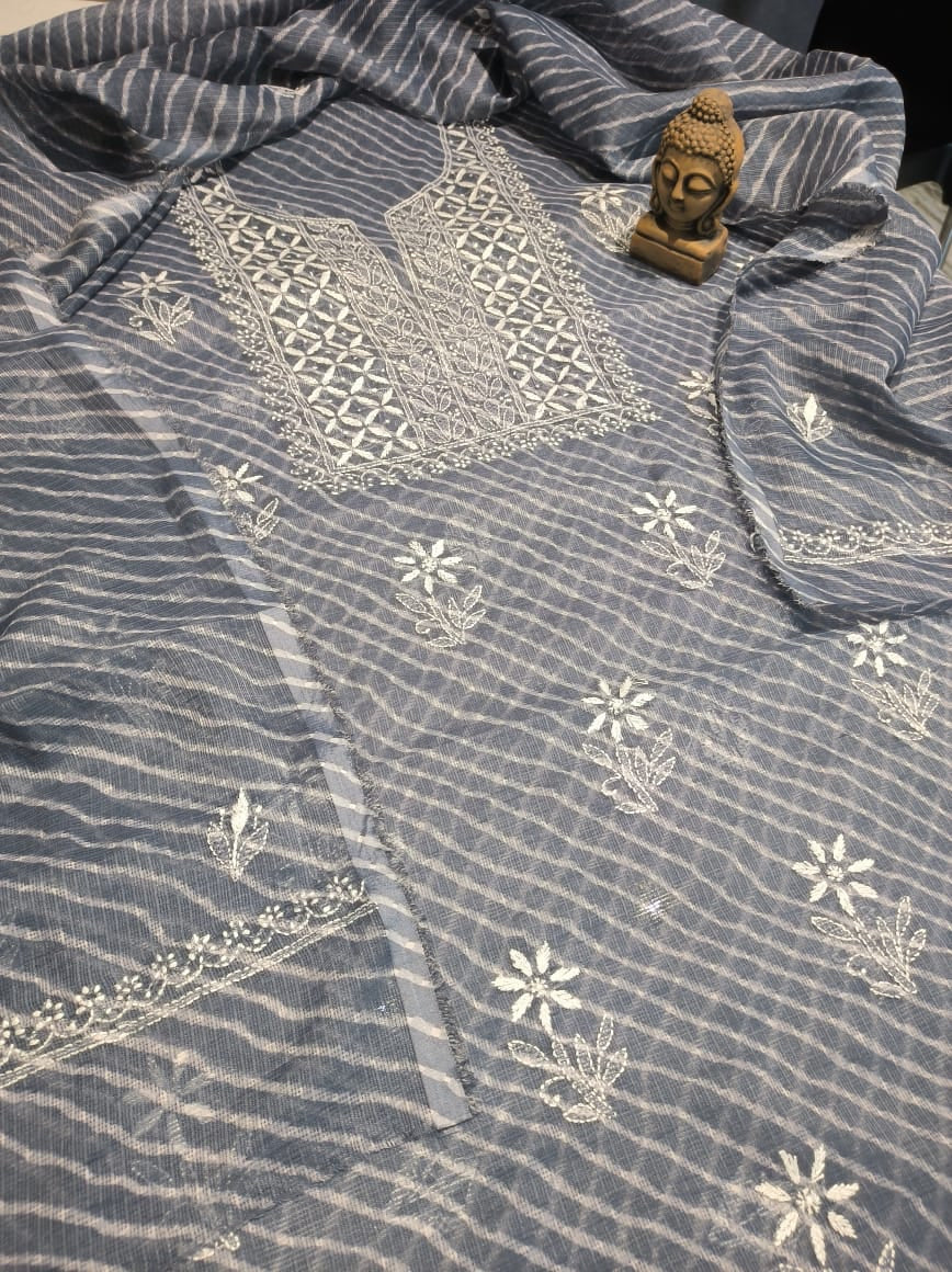 Helen- Slate Grey Kota Doria Chikankari Kurti Set unstitched