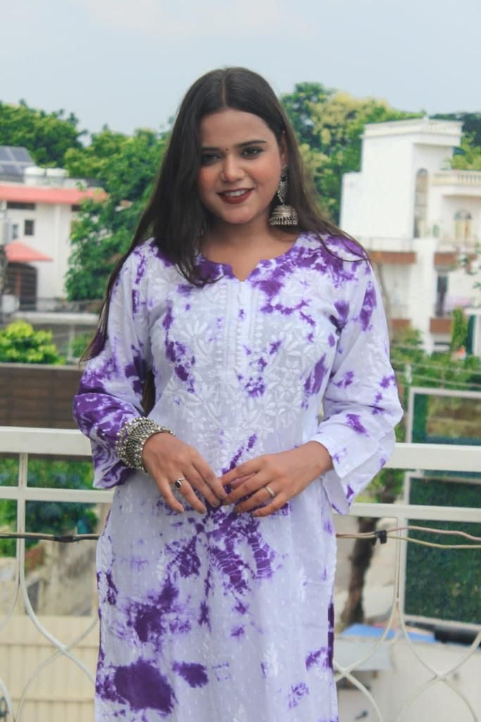 Chikankari cotton Kurti With Pant in white & purple